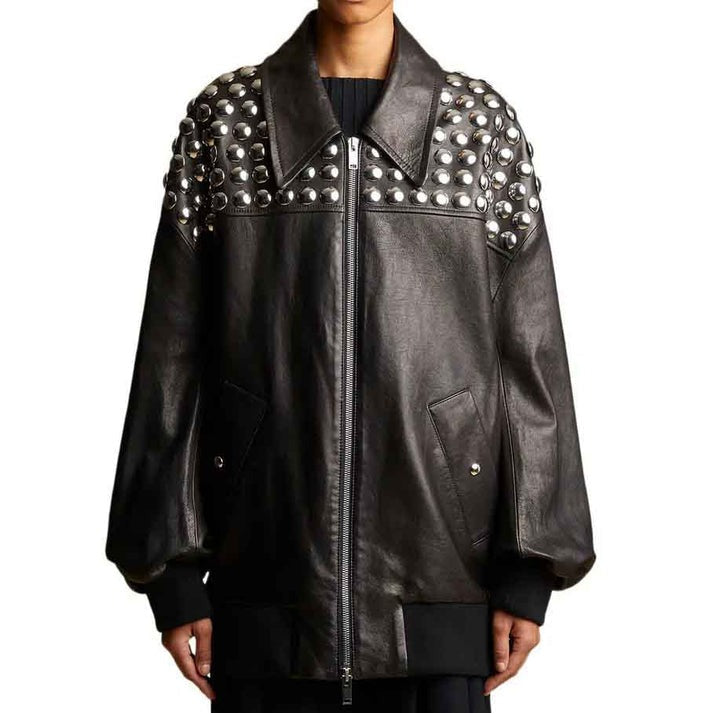 Women's Oversized Studded Bomber Leather Jacket in Black