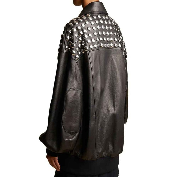 Women's Oversized Studded Bomber Leather Jacket in Black