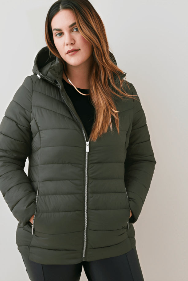Women's Khaki Puffer Jacket with Hood – Warm & Stylish