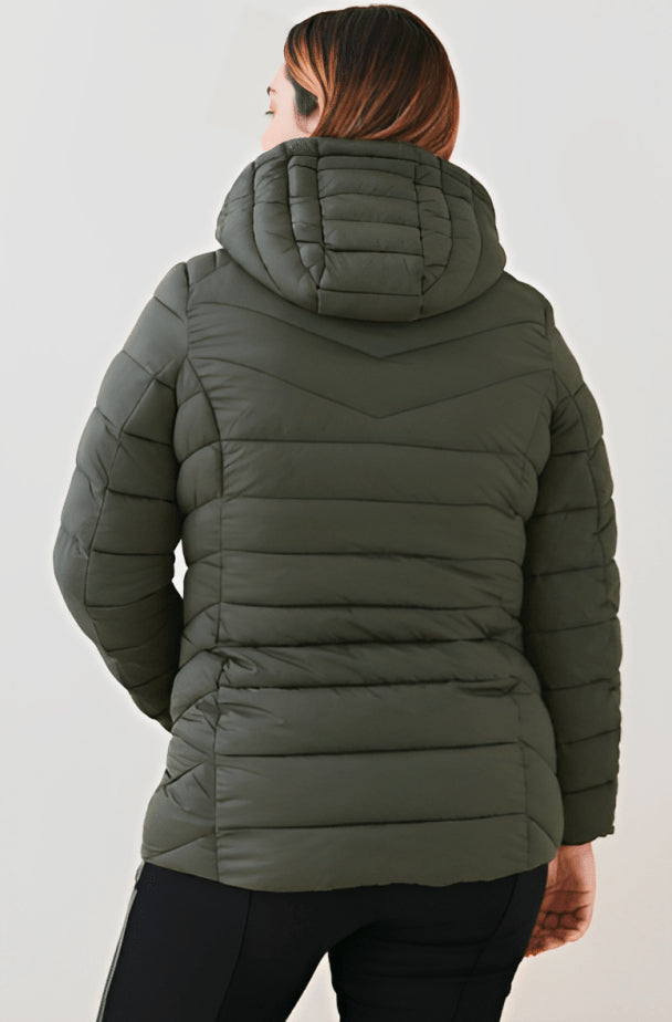 Women's Khaki Puffer Jacket with Hood – Warm & Stylish