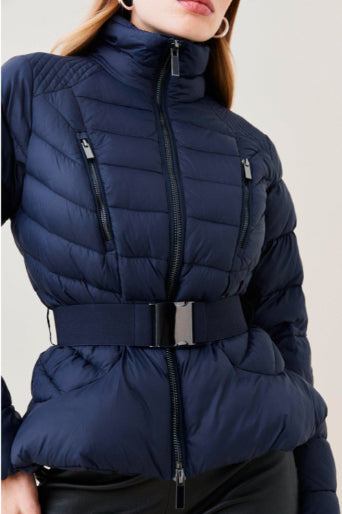 Navy Blue Belted Puffer Jacket for Women