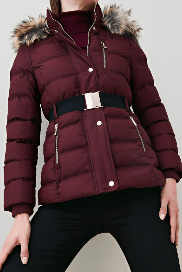 Red Belted Puffer Jacket with Faux Fur Collar for Women