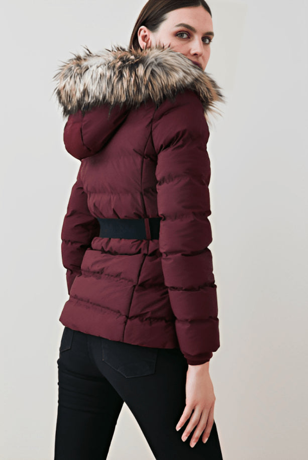 Red Belted Puffer Jacket with Faux Fur Collar for Women