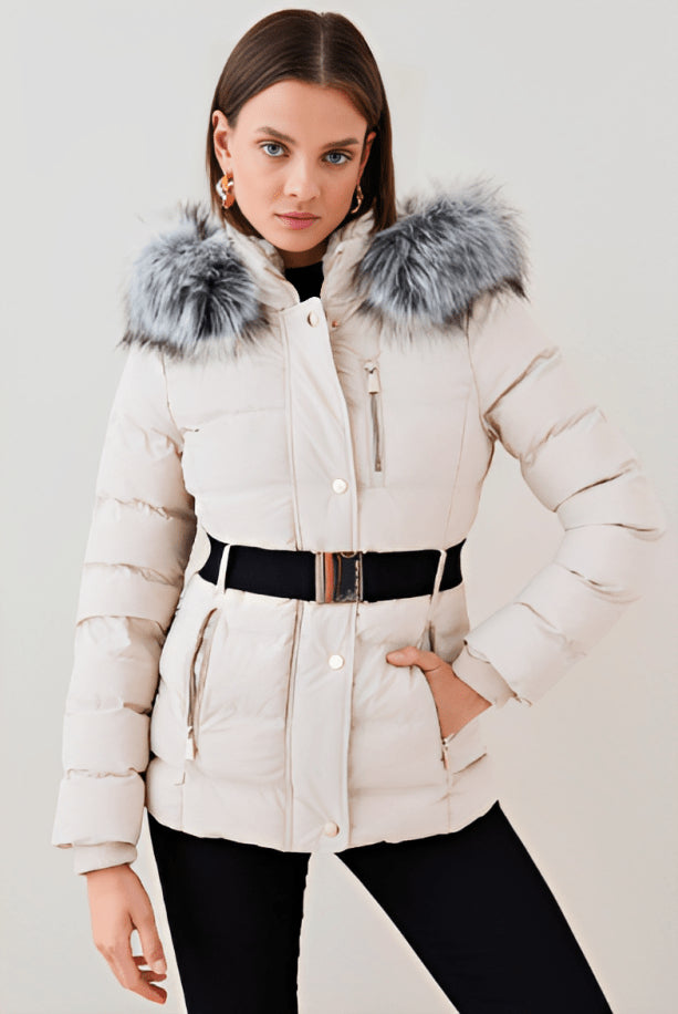 White Belted Puffer Jacket with Faux Fur Hood for Women