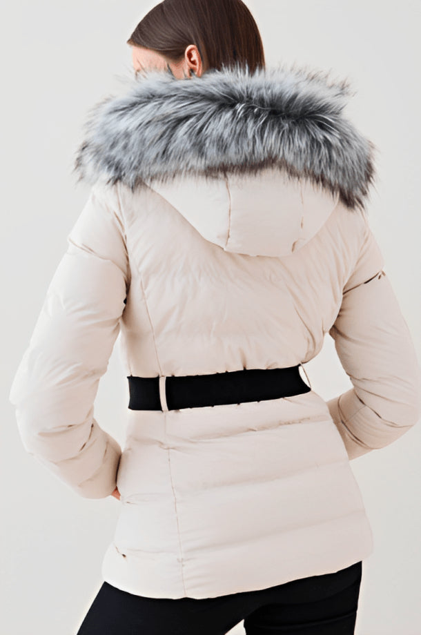 White Belted Puffer Jacket with Faux Fur Hood for Women