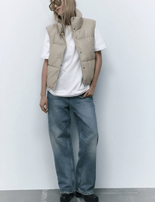 Beige Women's Puffer Leather Vest