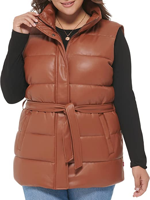 Chocolate Brown Belted Leather Puffer Vest for Women
