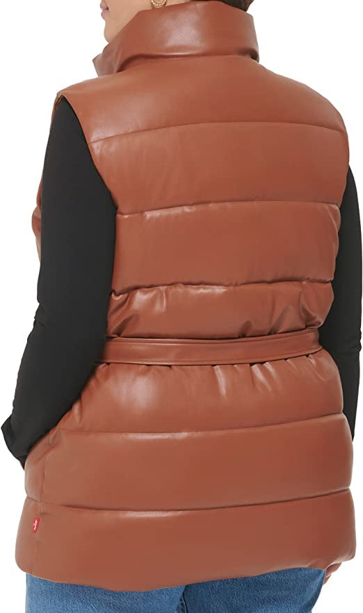 Chocolate Brown Belted Leather Puffer Vest for Women