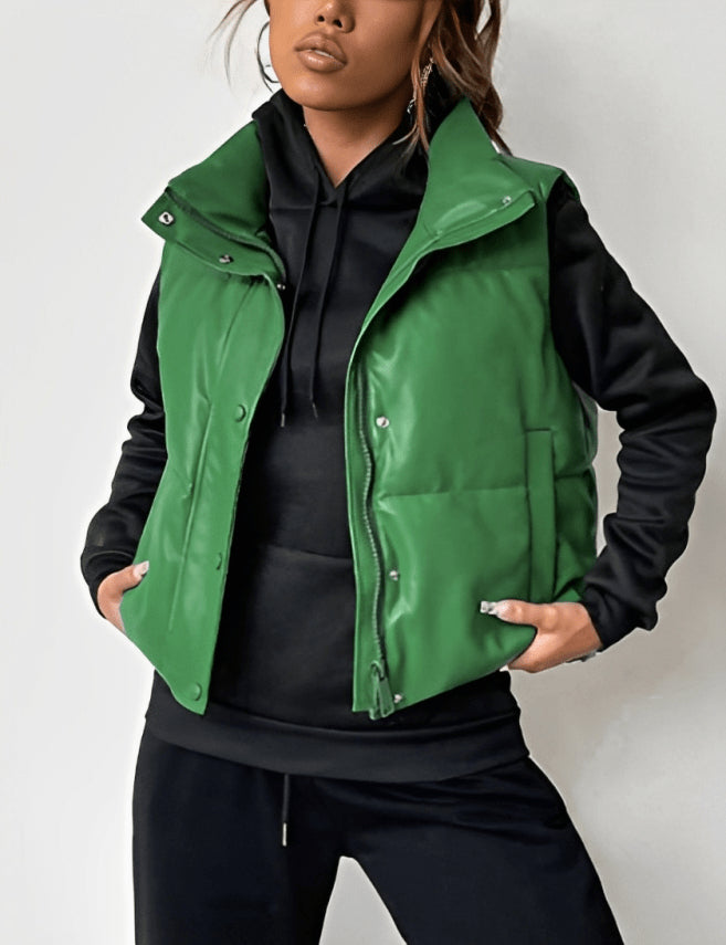 Women's Green Puffer Leather Vest – Stylish, Warm & Lightweight