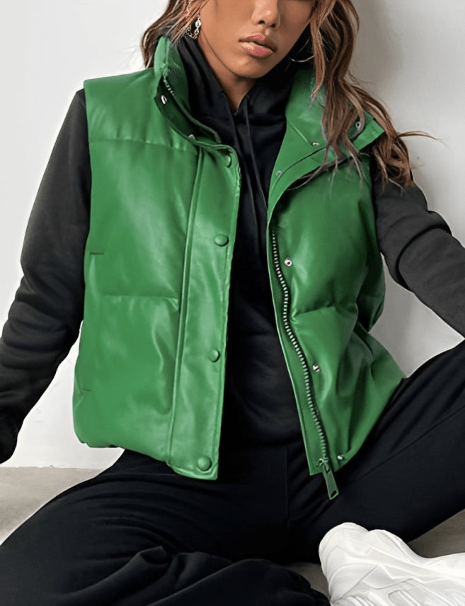 Women's Green Puffer Leather Vest – Stylish, Warm & Lightweight