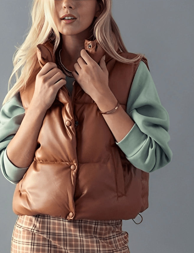 Women's Tan Brown Puffer Leather Vest – Stylish & Warm