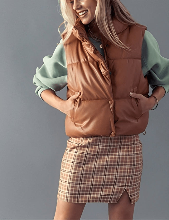 Women's Tan Brown Puffer Leather Vest – Stylish & Warm