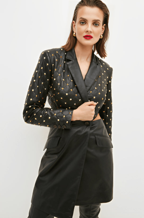 Women's Black Quilted Studded Leather Blazer