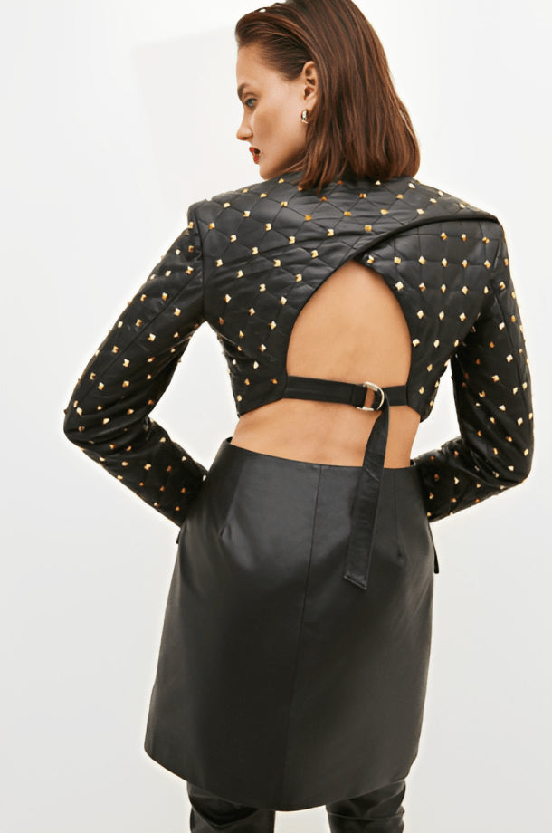Women's Black Quilted Studded Leather Blazer