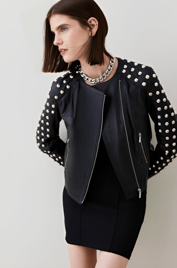 Women's Black Quilted Studded Leather Jacket – Bold & Stylish