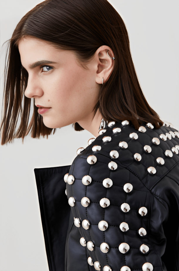 Women's Black Quilted Studded Leather Jacket – Bold & Stylish