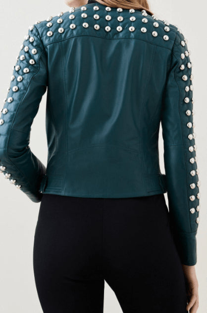 Women's Quilted Studded Leather Jacket In Jade Green