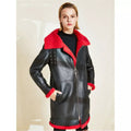 Black Sheepskin Leather Coat for Women with Bold Red Fur Collar