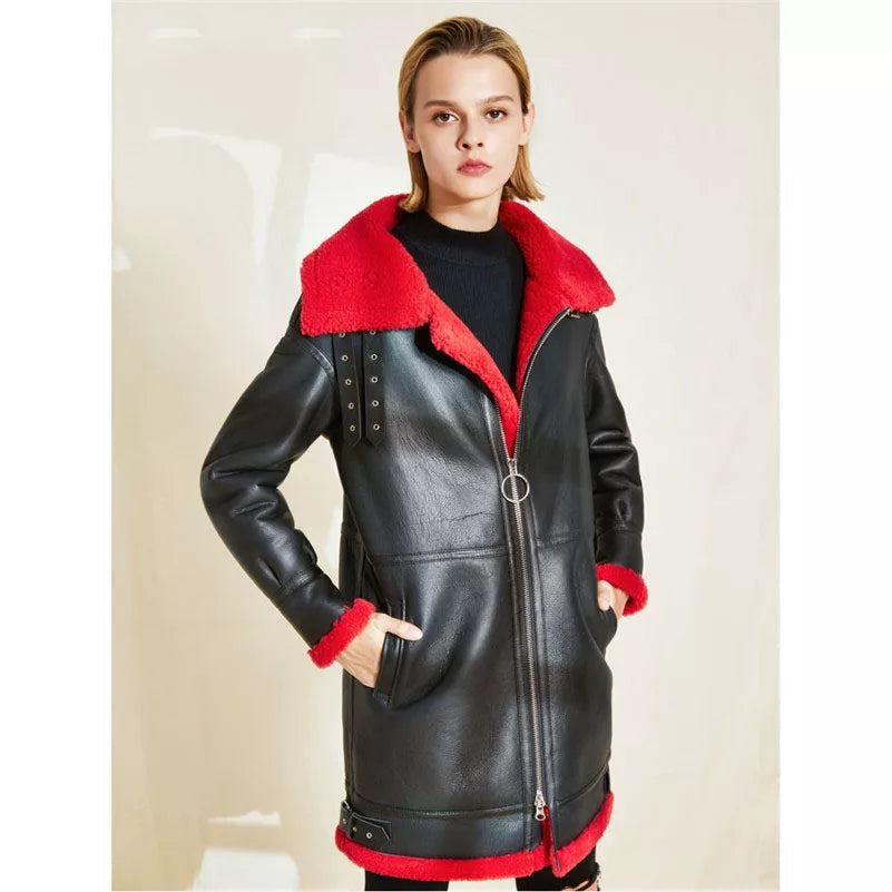 Black Sheepskin Leather Coat for Women with Bold Red Fur Collar
