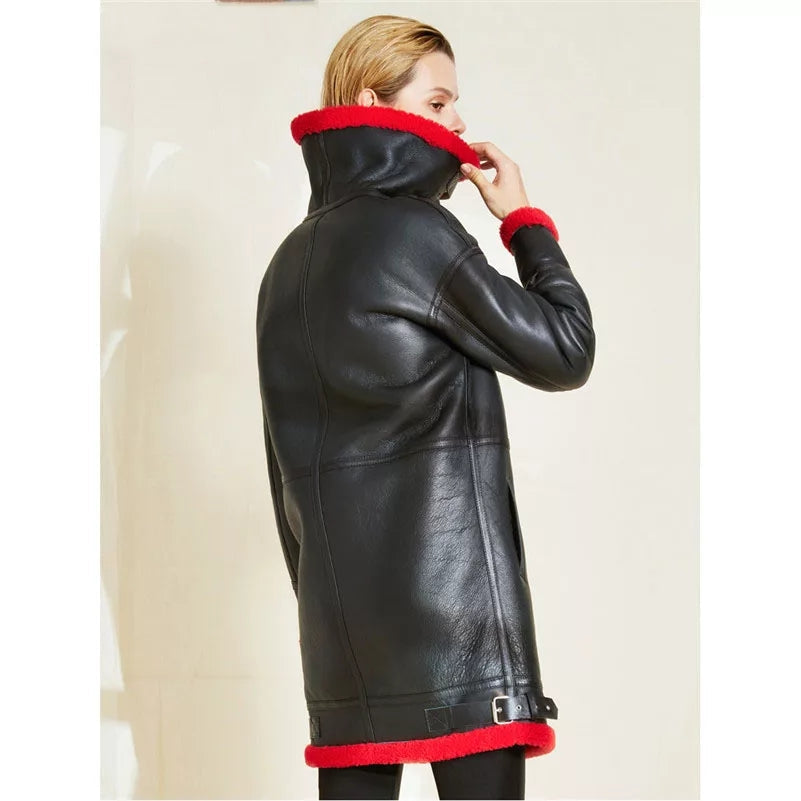 Black Sheepskin Leather Coat for Women with Bold Red Fur Collar