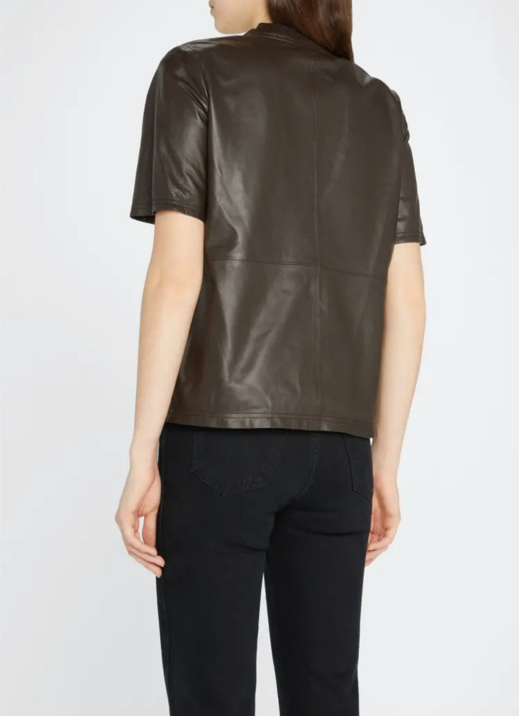 Women's Coffee Brown Round Neck Leather Shirt – Short Sleeve