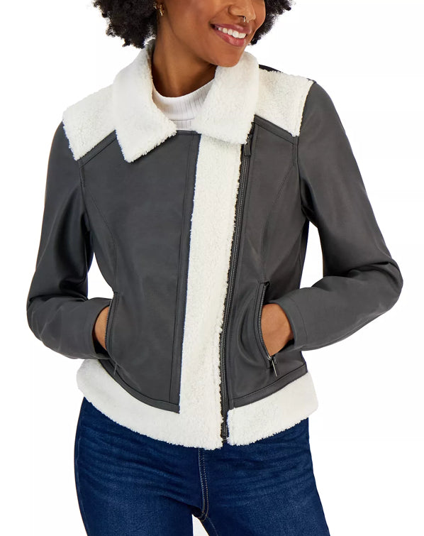 Women's Gray Shearling Aviator Fur Leather Jacket