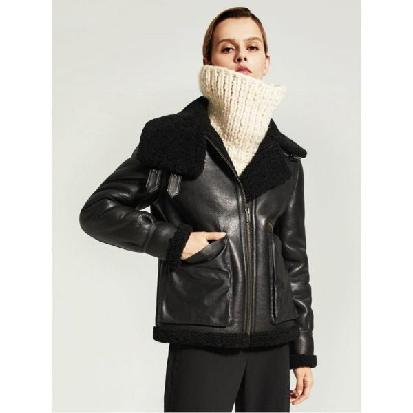 Women's Black Shearling B3 Motorcycle Leather Jacket