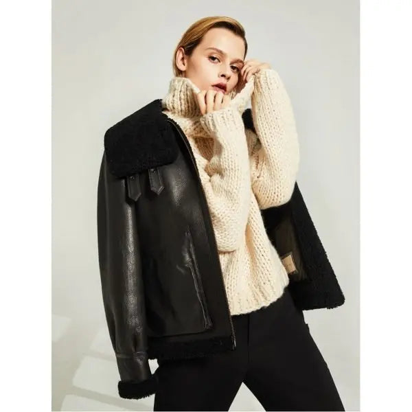 Women's Black Shearling B3 Motorcycle Leather Jacket