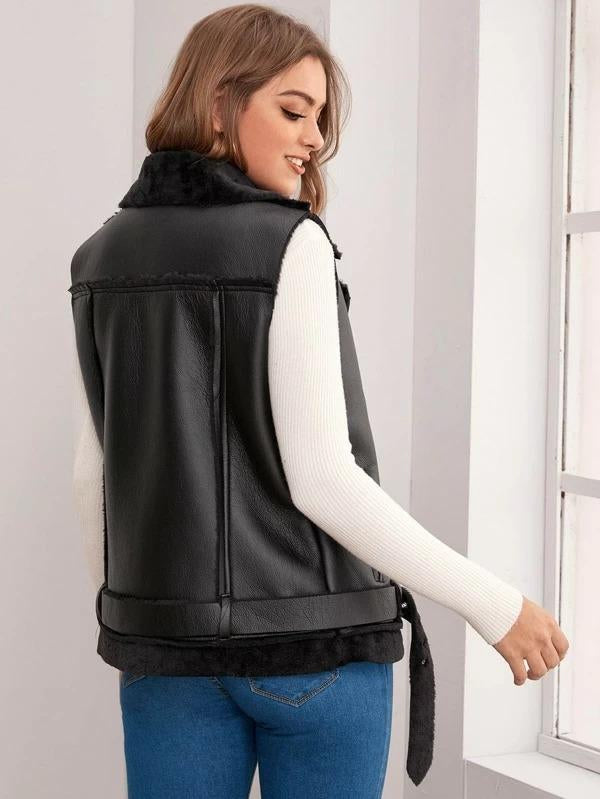 Women's Black Shearling Biker Leather Vest – Edgy, Warm & Stylish
