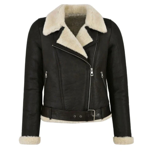 Women's Black Shearling Bomber Biker Leather Jacket