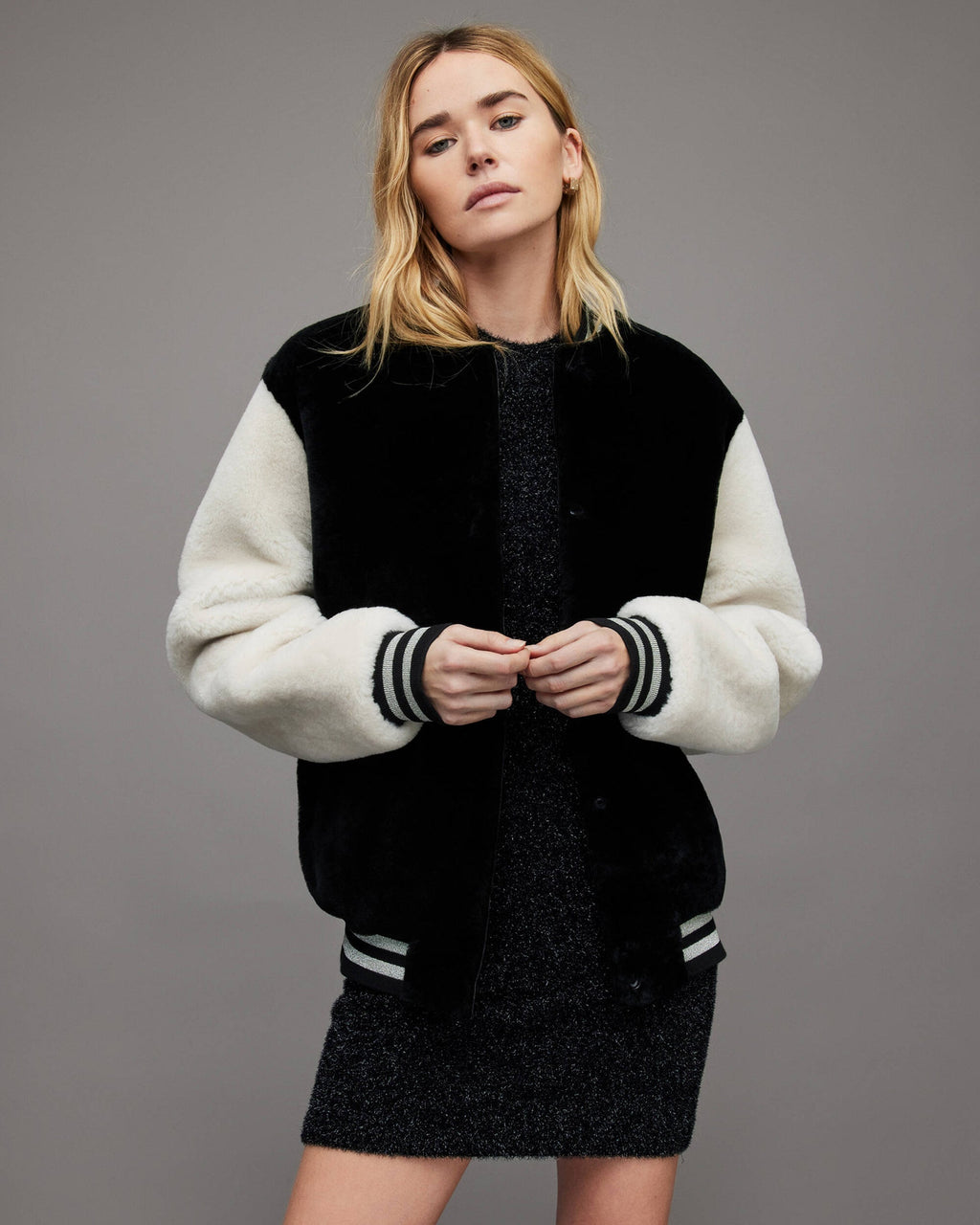 Women's White & Black Shearling Bomber Jacket