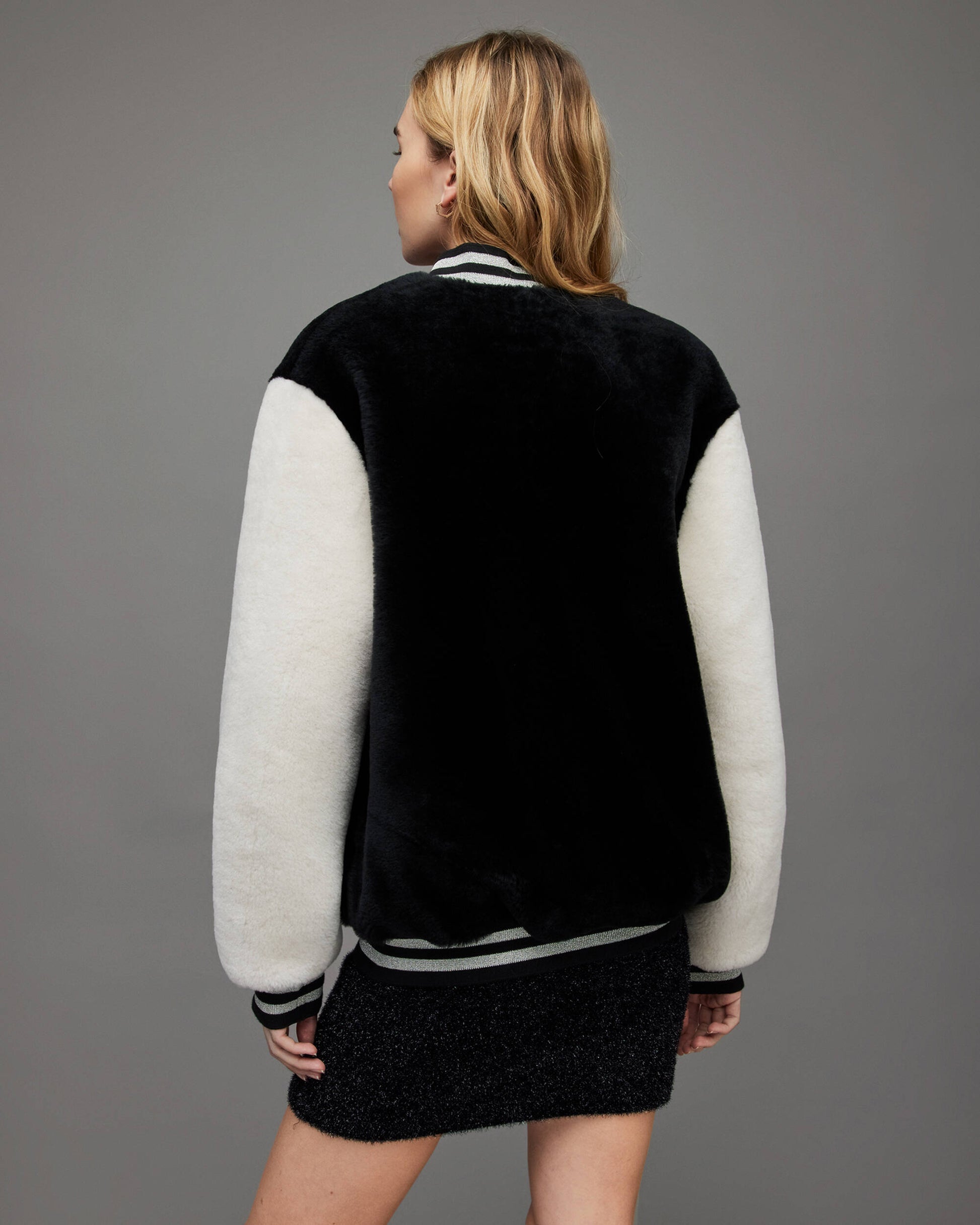Women's White & Black Shearling Bomber Jacket – Stylish & Warm