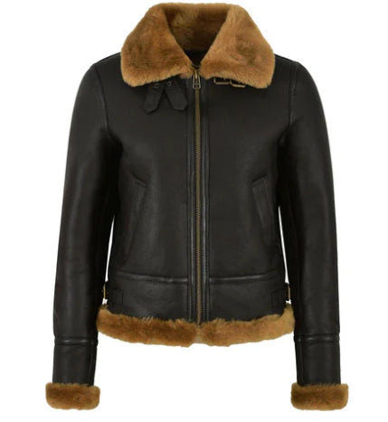 Black Shearling Bomber Leather Jacket for Women