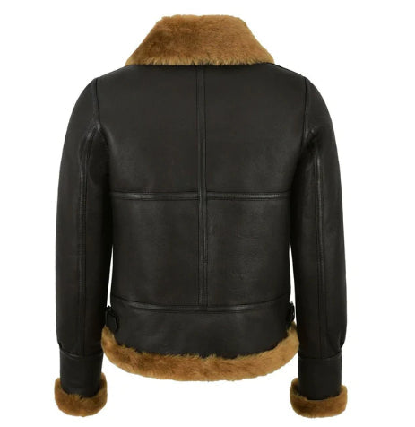 Black Shearling Bomber Leather Jacket for Women