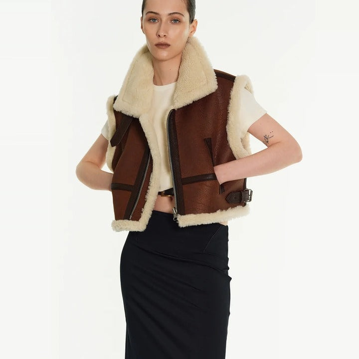 Women's Dark Brown Shearling Cropped Leather Vest