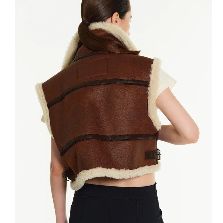 Women's Dark Brown Shearling Cropped Leather Vest
