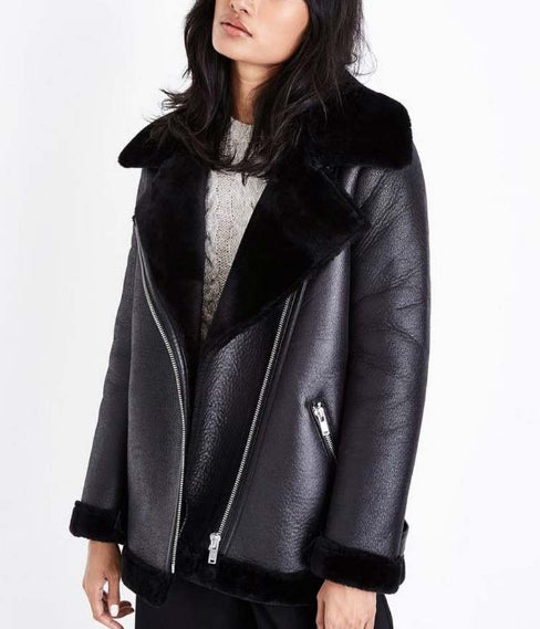Black Shearling Bomber Leather Jacket for Women