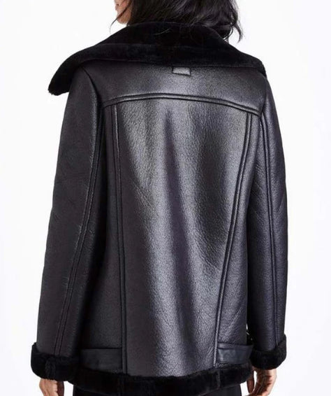 Black Shearling Bomber Leather Jacket for Women