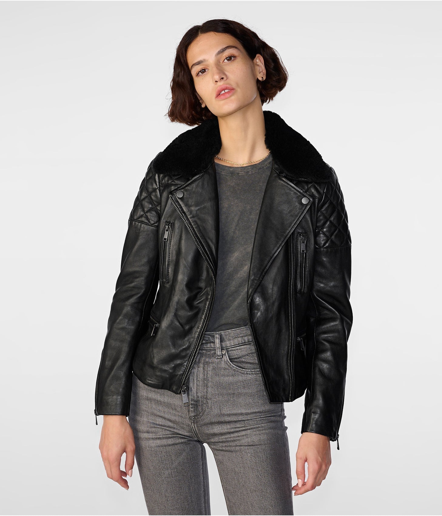 Women's Black Shearling Biker Leather Jacket