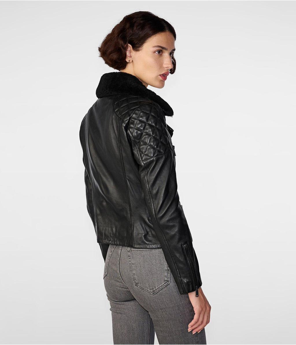 Women's Black Shearling Biker Leather Jacket