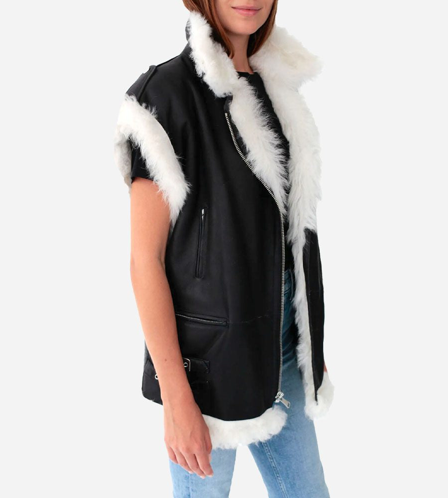 Women's Black Shearling Leather Biker Vest – Edgy, Warm & Stylish