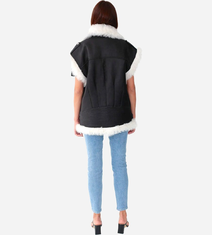 Black Shearling Leather Biker Vest for Women