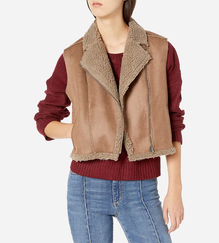 Women's Brown Shearling Leather Biker Vest – Warm, Edgy & Stylish
