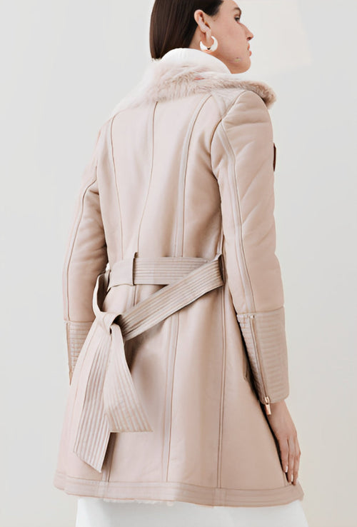 Beige Shearling Leather Coat for Women