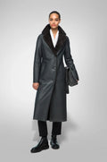 Black Shearling Leather Coat for Women with Belted Waist