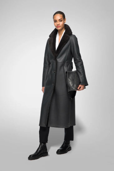 Black Shearling Leather Coat for Women with Belted Waist