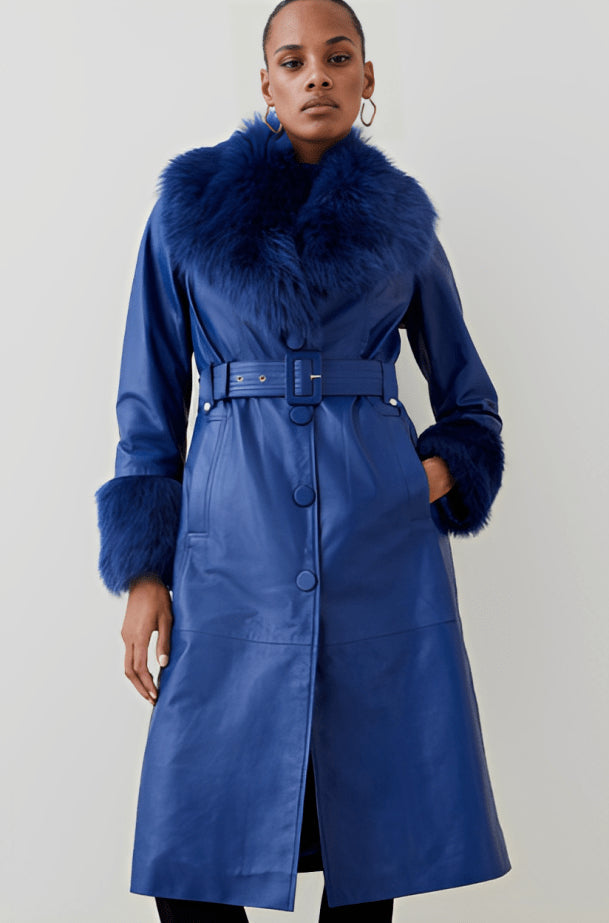 Seren's Navy Blue Shearling Coat with Fox Fur Collar