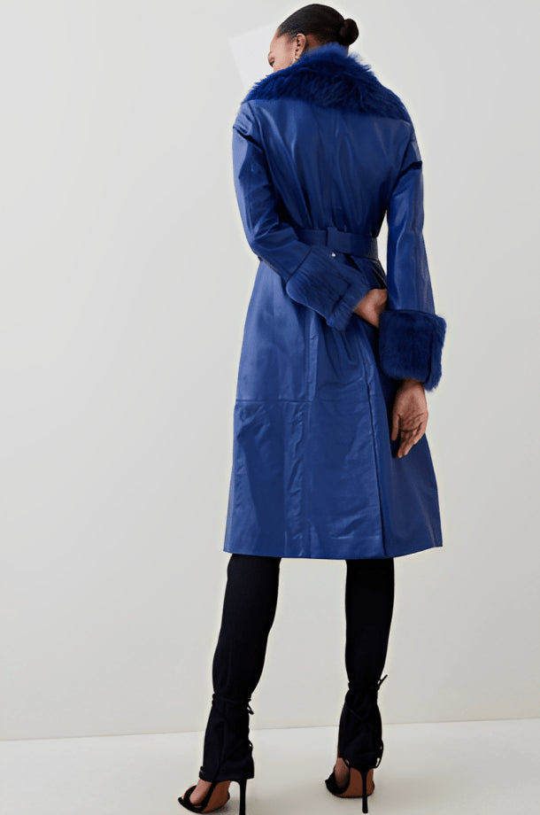 Seren's Navy Blue Shearling Coat with Fox Fur Collar