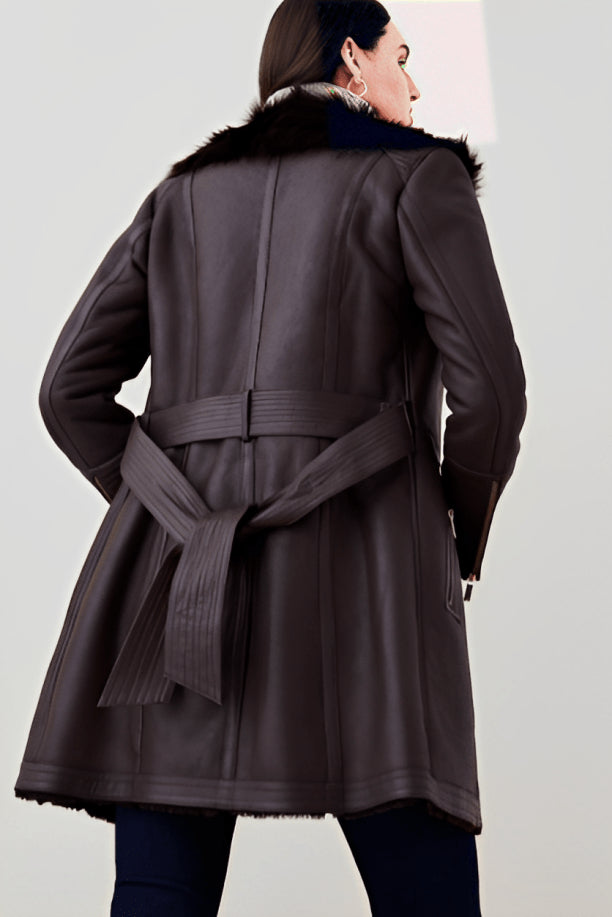 Dark Brown Women's Shearling Leather Coat – Warm & Stylish Winter Wear