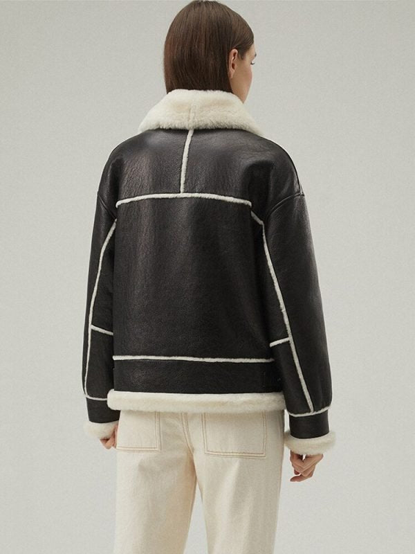 Black Shearling Leather Jacket for Women – Stylish & Warm